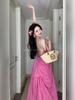 Backless sexy neck sling dress women's pink pleated thin new medium and long skirt holiday style