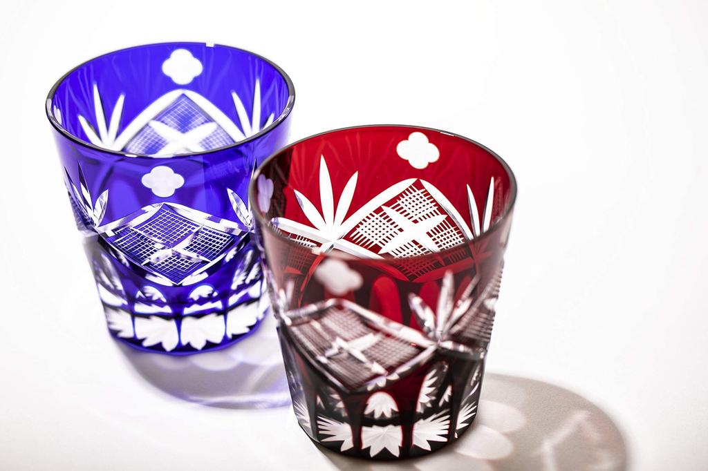 Official Direct Sales from Taiburo Edo Kiriko Genroku Crest Old Glass Wooden Made In Japan Studio Four-Leaf Open-Top (Red) TB90625-4R, Box,