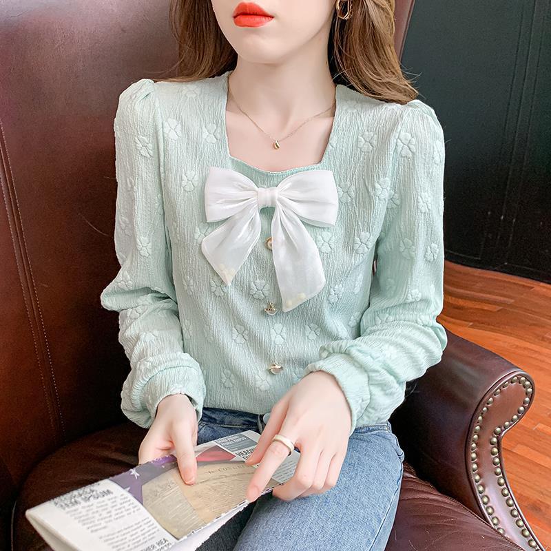 Spring and Autumn Women's Collar Bow Slimming Long Sleeved Shirt Loose Fitting Pullover Top