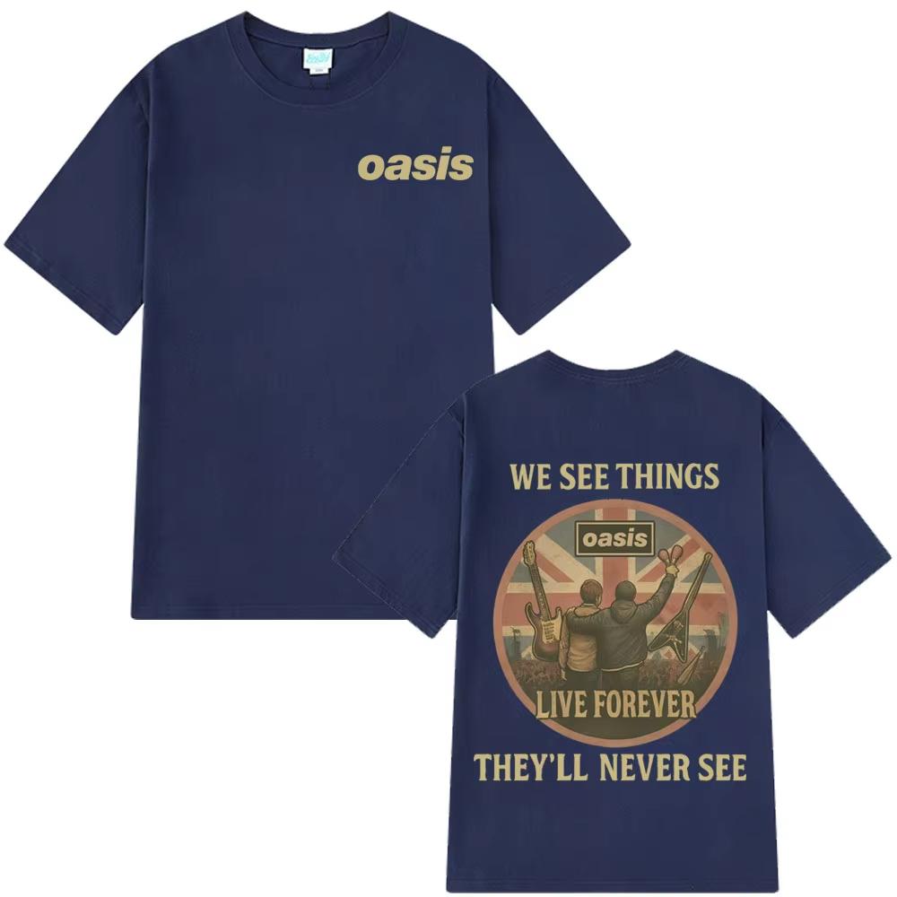 Oasis Live Forever Back Vintage Print T Shirt Men Women Pop Music Hip-hop T-shirts Short-sleeved Casual Loose T-shirts Ins Y2k