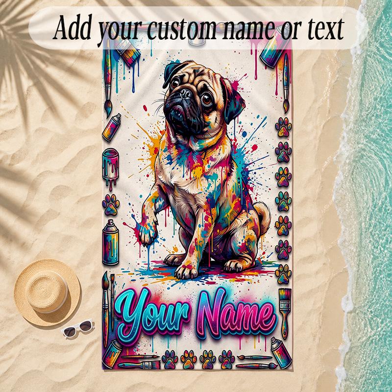 Pug Theme Soft Beach Towel Personalized Custom Name Text Towel Portable for Beach Pool Travel