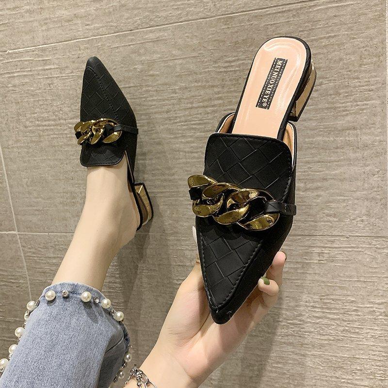 New Women Mules Pointed Toe Low Heels Chain Fashion Office Ladies Fashion Pumps Sandals  Shoes Autumn PU Office Footwear Oiu9drt