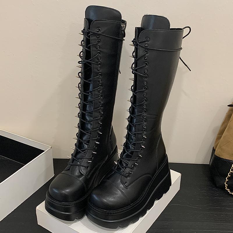 

Модные сапоги на танкетке средней высоты, женские сапоги в готическом стиле с толстой подошвой, ковбойские сапоги на тонкой платформе 43