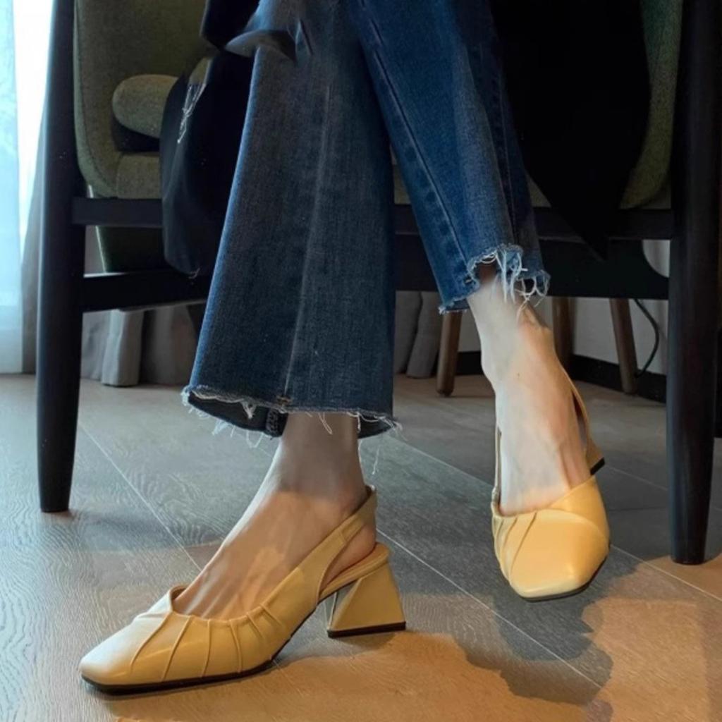 Sheepskin version! French retro square head Mary Jane shoes women's Korean version pleated bag head sandals thick heel empty single shoes