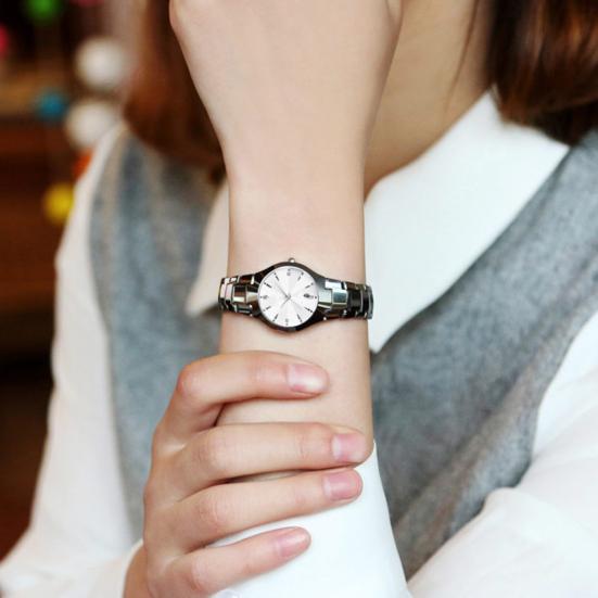 Casual Couple Round Dial Calendar Alloy Linked Strap Analog Quartz Wrist Watch