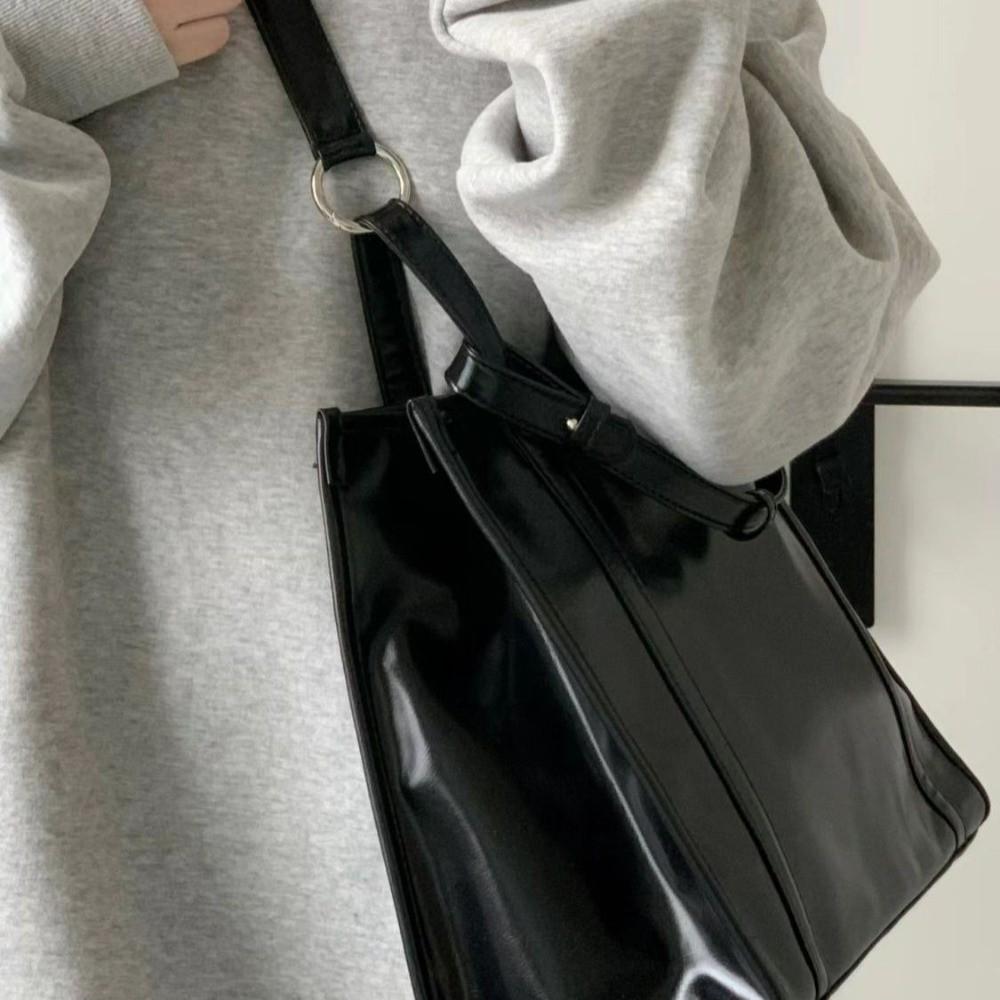 Large Capacity PU Leather Shoulder Bag College Student Large Handbag Black Tote Bag  Girls Gift