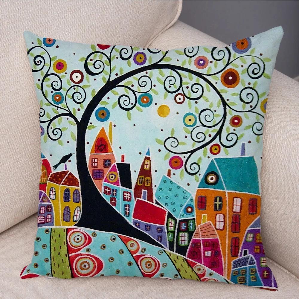 Colorful Cartoon Retro Rural Color Printed Pattern Home Cushion Cover Living Room Sofa Bedroom Decoration Pillowcase