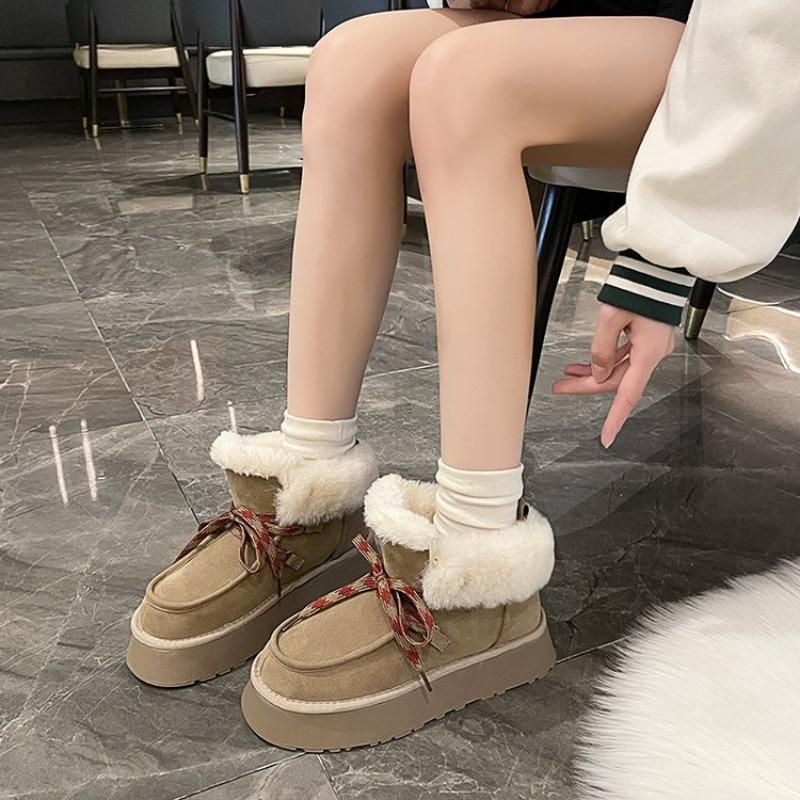 Fashion Women's Fashion Platform Snow Boots Winter New Round Head Suede Front Strap Anti-slip Wear-resistant Short Boots