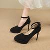 New Women's High Heels Single Shoes Buckle Thin Heel Velvet Surface Waterproof Platform Pointed Toe Shoes Black Simple Style