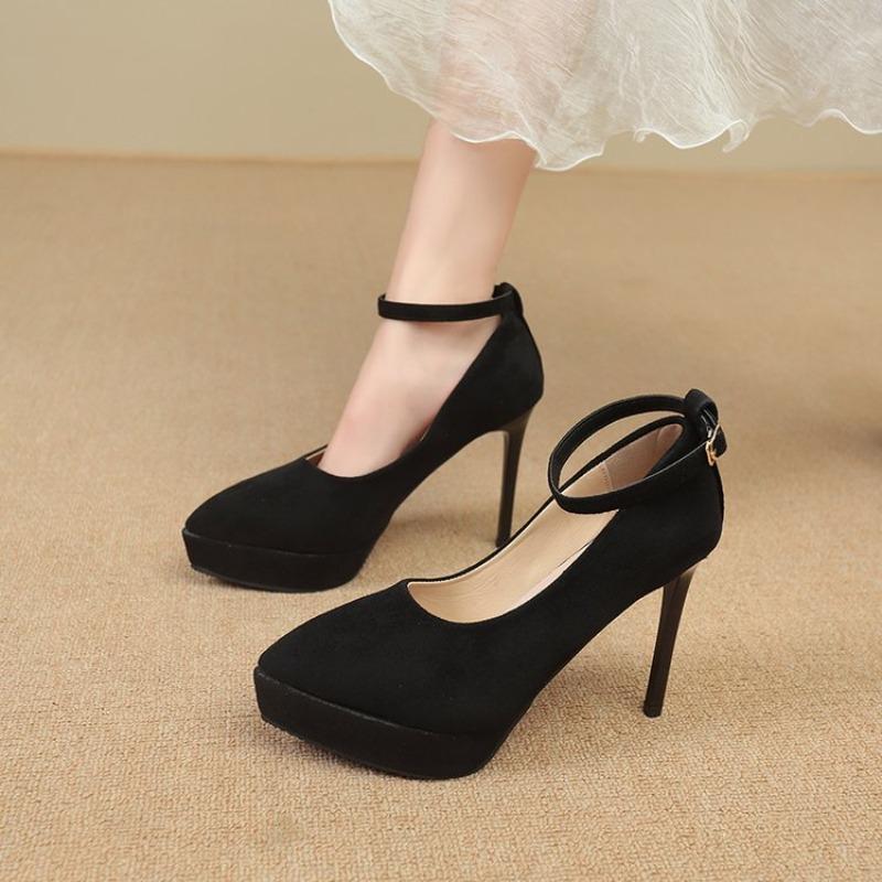 New Women's High Heels Single Shoes Buckle Thin Heel Velvet Surface Waterproof Platform Pointed Toe Shoes Black Simple Style