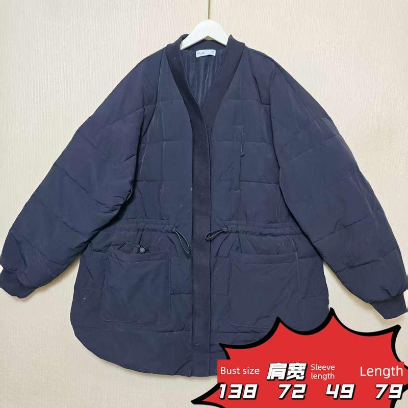 

Trade Export to Russia Imitation Silk Cotton Thin Cotton Clothing Solid Hood Ultra Light Short Cold Protective Clothing Plus size 100.00kg Winter Inky blue V Neck without cap 56