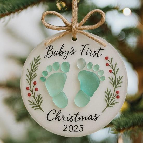 Baby's First Christmas Sea Glass Ornament Baby's Footprint Keepsake for Newborn Girl Boy Gift Coastal Christmas Tree Ornament for Home Decor