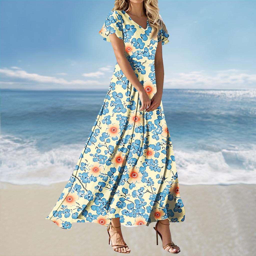 Women's Loose Casual V-Neck Short Sleeved High Waisted Print Dress