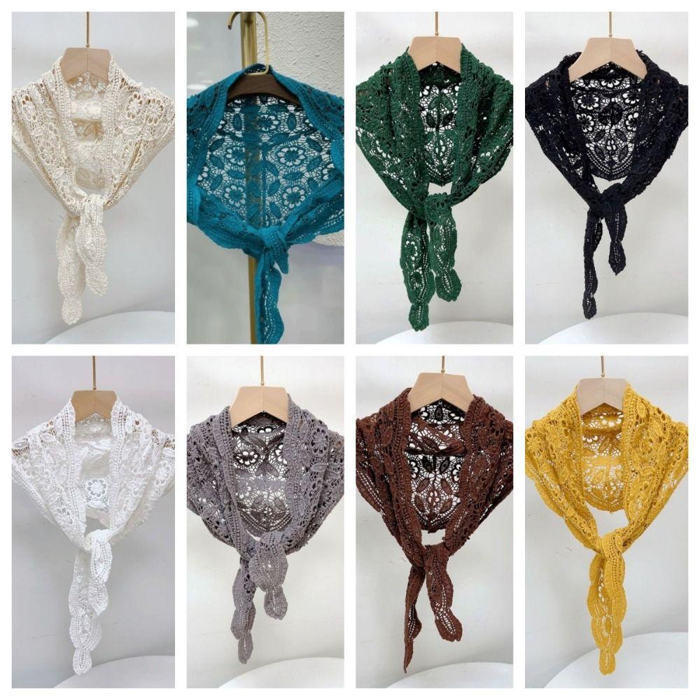 Ethnic Style Knitted Triangle Scarf White Fart Curtain All-match Crochet Flower Scarves Female
