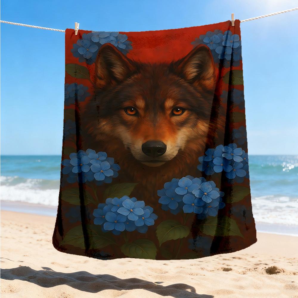 1pc Wolf Blue Flowers Throw Blanket Polyester Fiber, Lightweight Flannel, Soft & Warm, All Season Use for Outdoor, Camping Digital Print