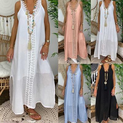 Womens Solid Color Off Shoulder Sleeveless Party Lace Long Dress