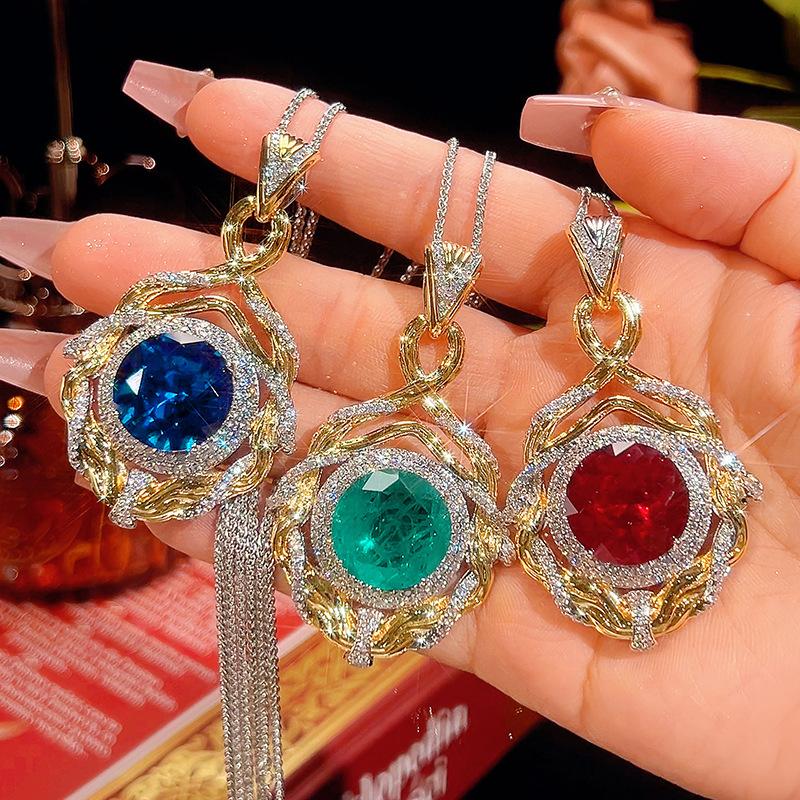 Jewelry Copper Bottom Gold-Plated Simulation Blue Spinel Round Retro Pendant Necklace Stone 16Mm