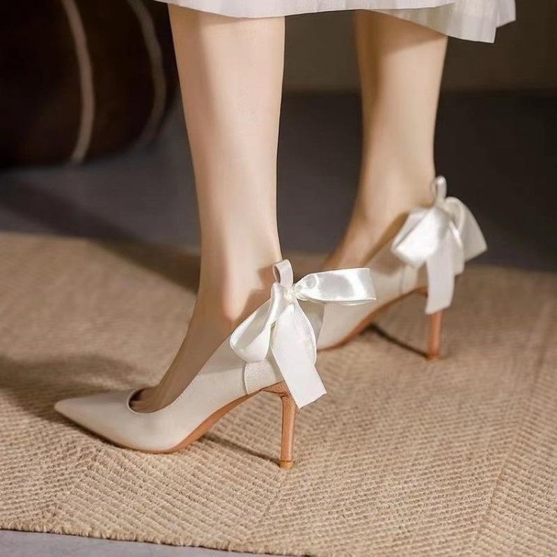 Fashion Women White Stiletto Wedding Shoes Bow Elegant Fashion Pointed Designer High Heels Women High Quality Banquet High Heels Tacones