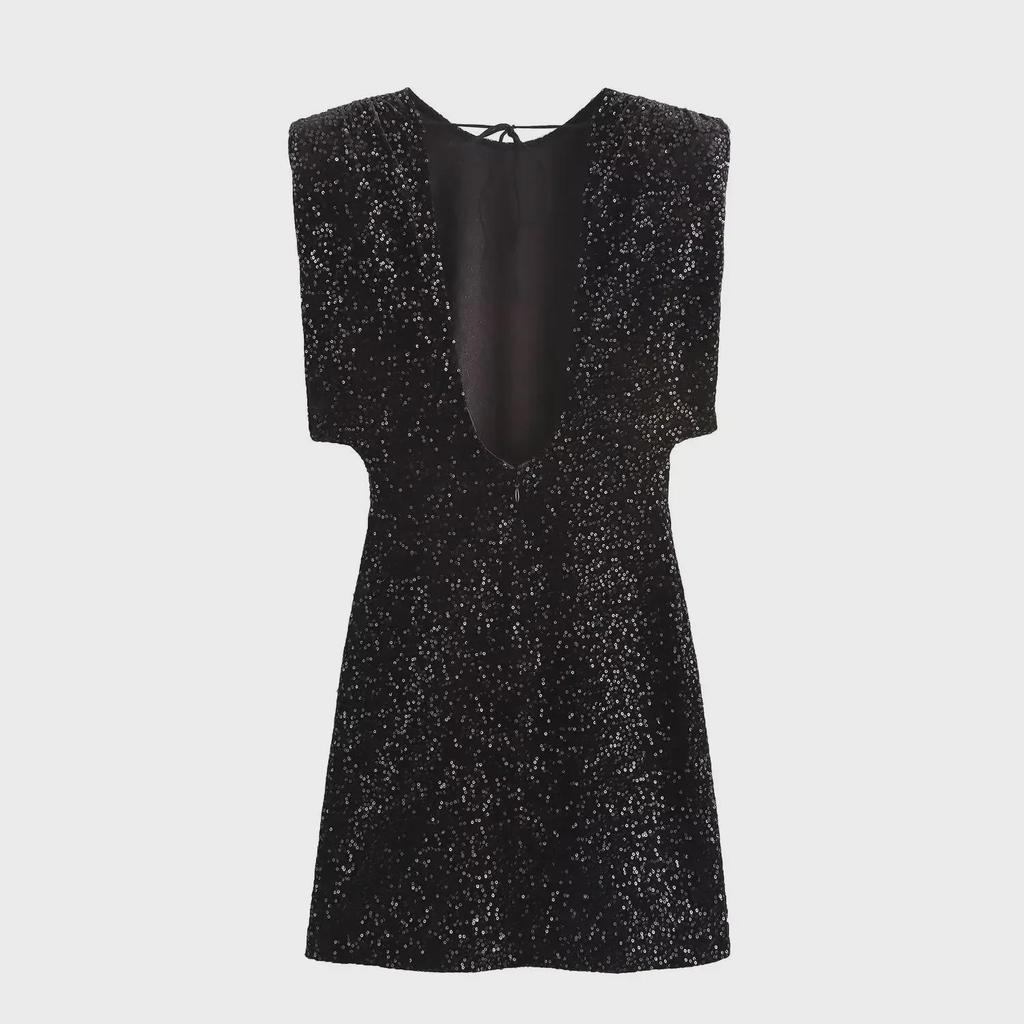 2024 Damen Schwarzes Pailletten-Mini-Abendkleid mit ärmellosem Design, Schulterpolstern und Gürtel