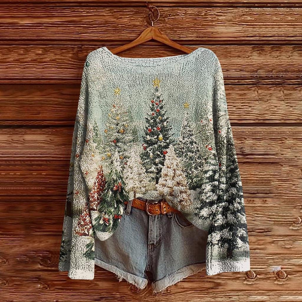 Dame Juleprint Lett Genser Casual Langermet Strikket Pullover