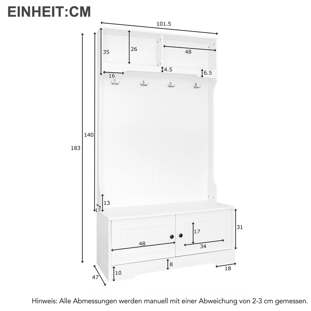 Ensemble de vestiaire pour couloir, Moderne Ensemble de vestiaire pour couloir 4 crochets, Meuble à chaussures, Banc à chaussures, Compartiment ouvert, Meuble d'entrée pour entrée, Blanc