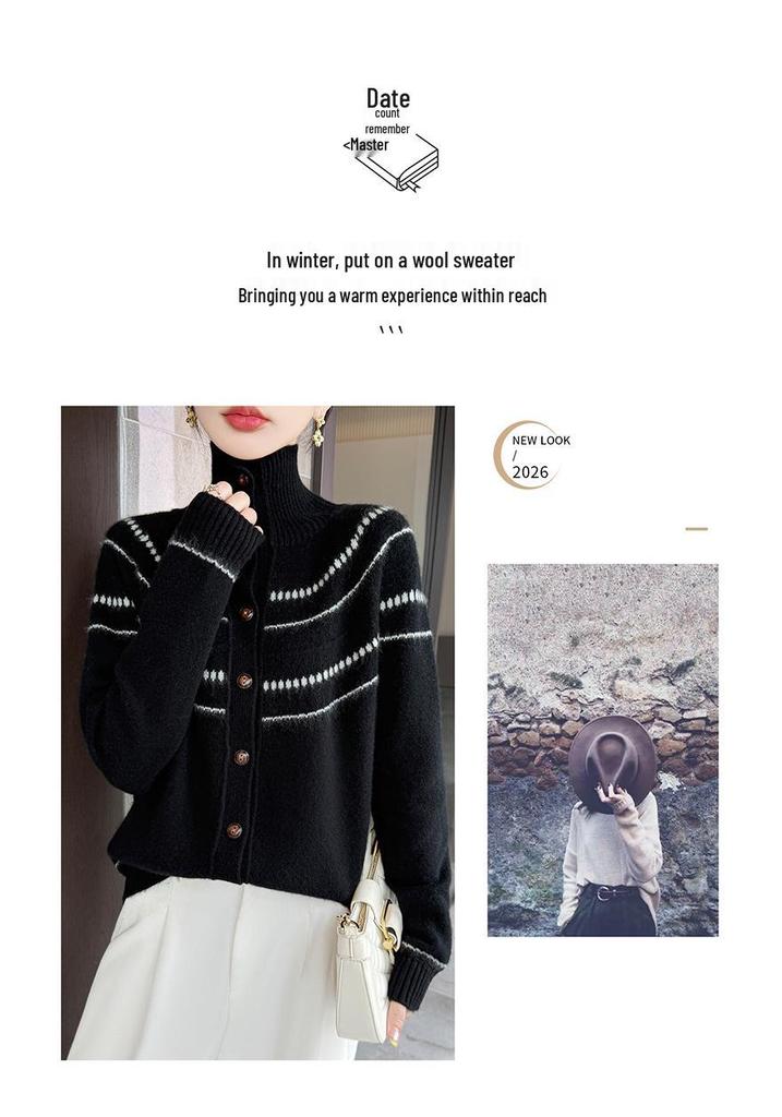 Women's High-Neck Wool Cardigan: New Autumn/Winter Style, Warm, Loose, Slimming, Versatile Knit Sweater Coat.