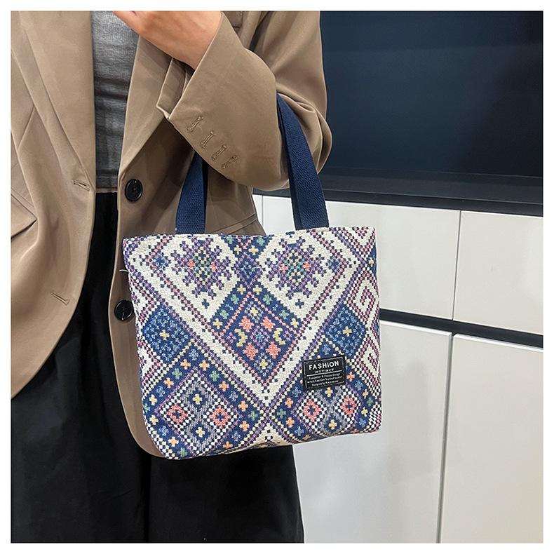 Bohemian Canvas Tote Bag for Women, Large Capacity Ethnic Style Shoulder Handbag, Casual Zipper Bucket Purse for Daily Use CLE
