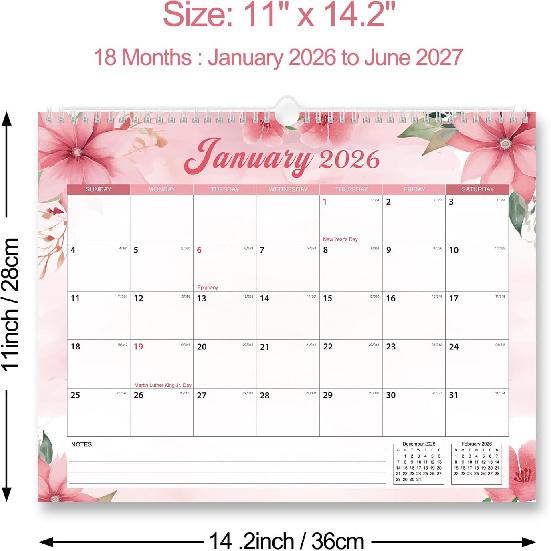 2026 Calendar, Wall Calendar 2026-2027, 11" x 14.2" Monthly Desk Calendar for Home and Office, 18 Months From January 2026 to June 2027 With Vacation