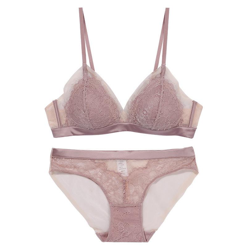 French sexy underwear women's eyelashes lace rimless bra thin cotton triangle cup gather bra bra bra