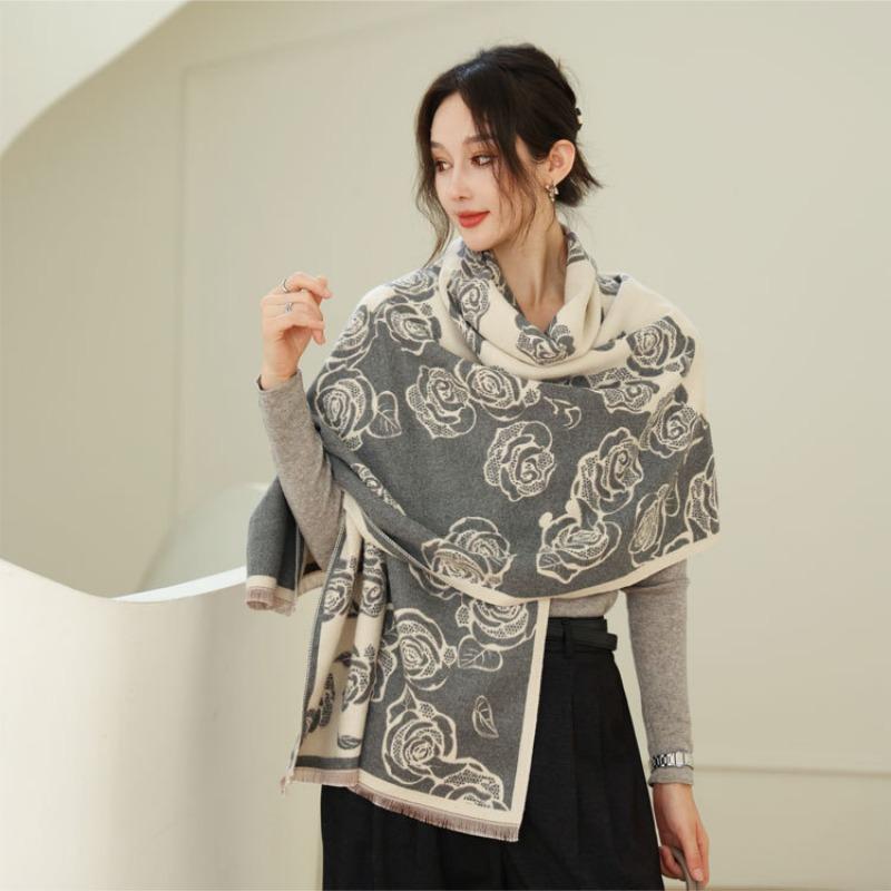 Autumn and Winter Scarf Women's New Rose Story Double-sided Jacquard Imitation Cashmere Scarf Versatile Warm Thickened Shawl