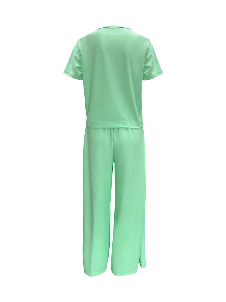 European Summer Pink Linen Women's Two-Piece Set: Short Sleeve Top & Wide-Leg Pants