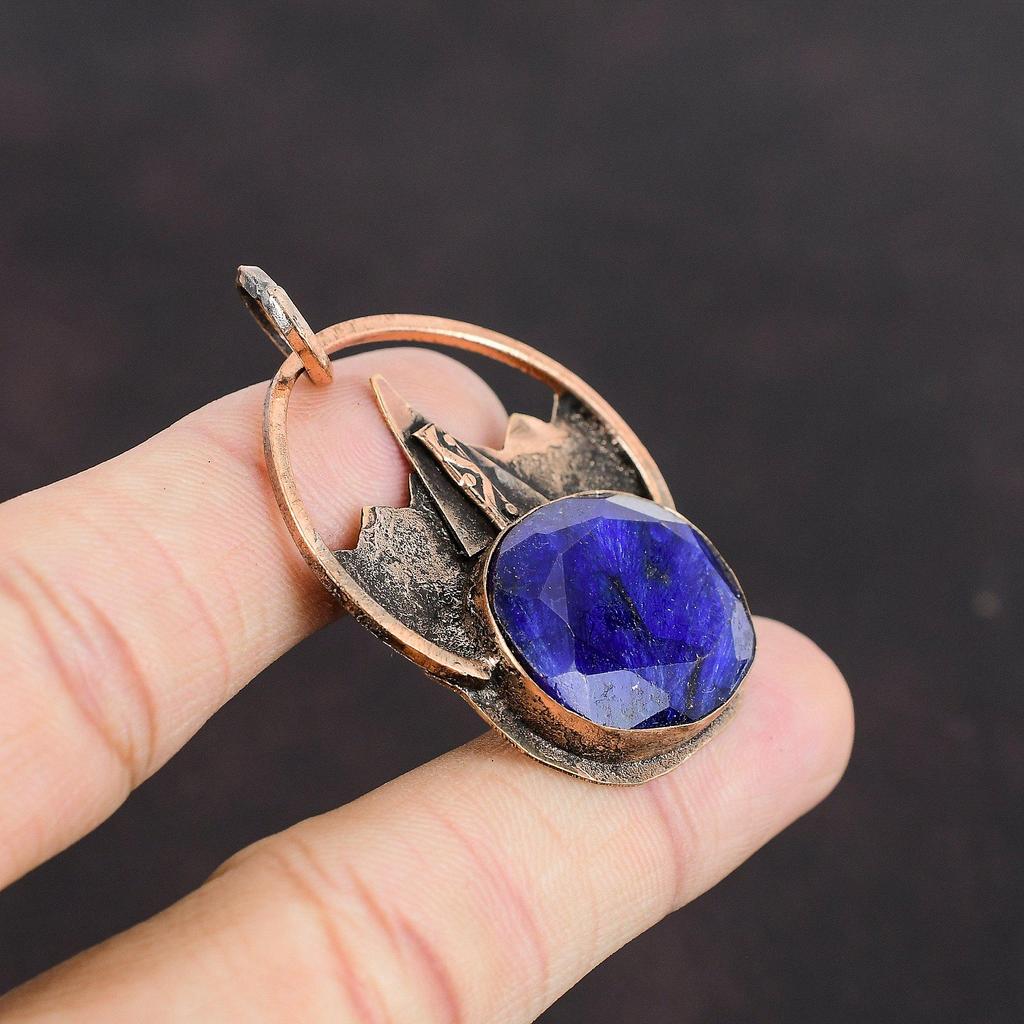 Faceted Blue Sapphire Pendant Copper Pendant Original Gemstone Pendant Antique Copper Jewelry Handmade Elegant Pendant Designer Jewelry Gift