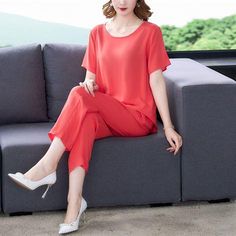 Damen Baumwollseide Zweiteiler: Sommer-Oberteil mit kurzen Ärmeln & Lange Hose, Große Größen, Modisch & Locker geschnitten.