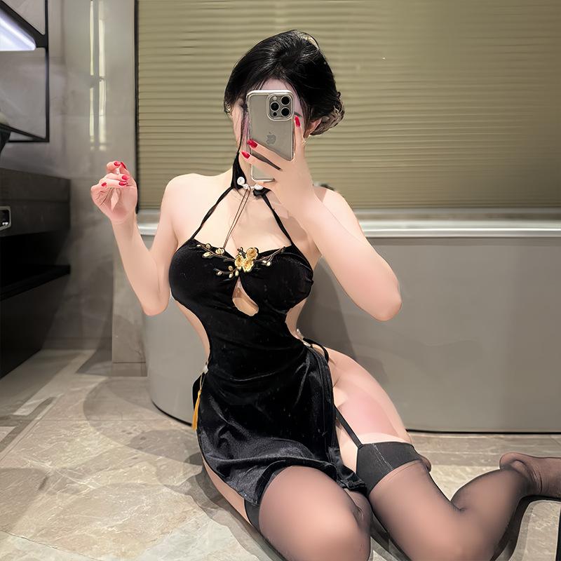 Sexy underwear new Chinese free embroidery high split sexy cheongsam backless neck temptation uniform