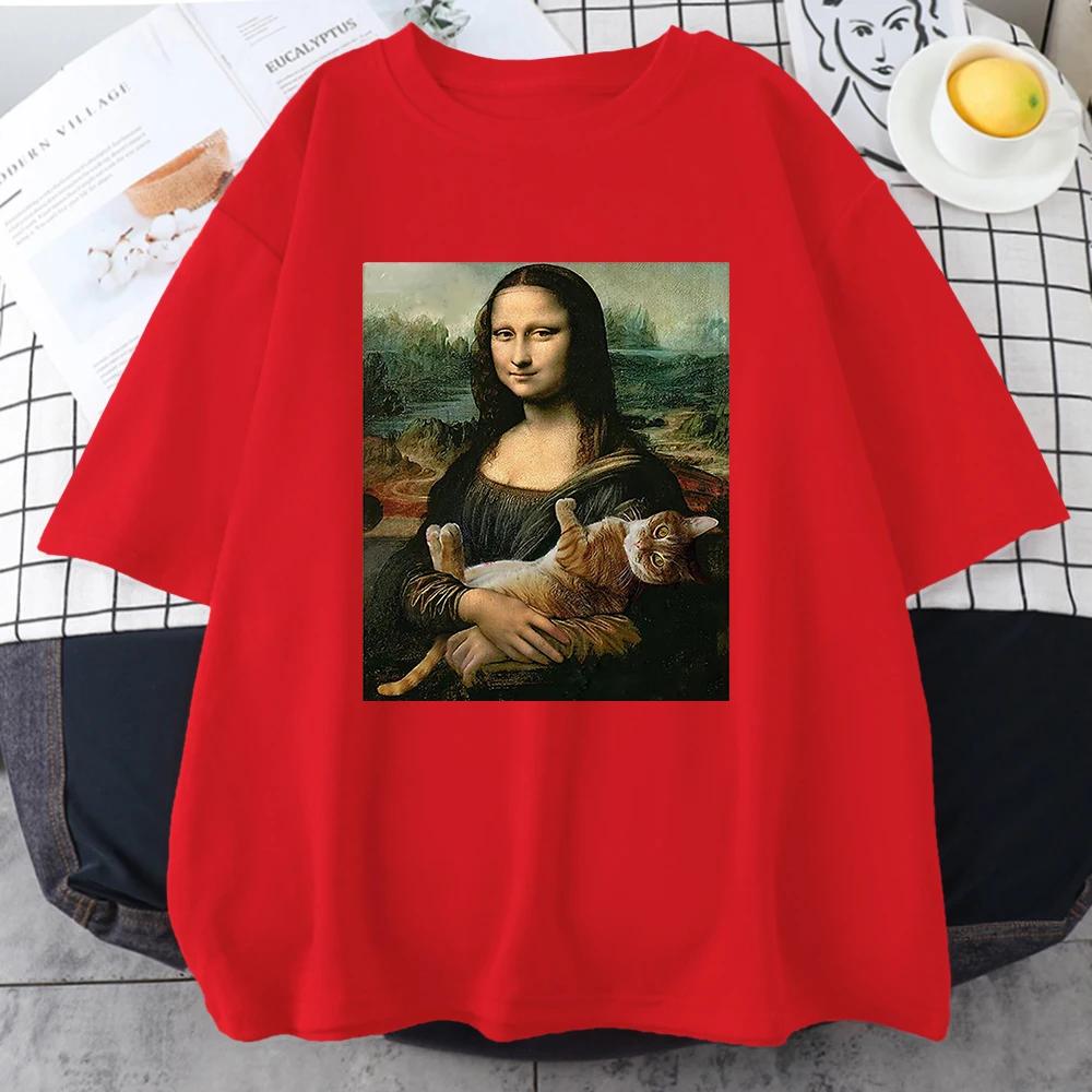 Funny Mona Lisa and Cat Printed T-Shirt for Summer T Shirt Loose Breathable Clothing Street Fashion Casual Tees