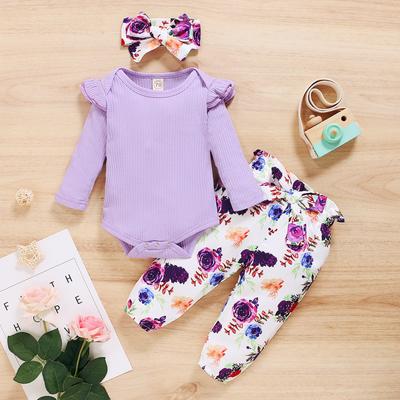 Infant Baby Girls Ruffle Romper Bodysuit+Floral Print Pants Headbands Outfits