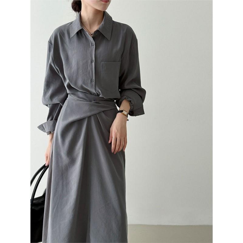 

Johnature Платье-рубашка в корейском стиле с галстуком для женщин, осеннее, асимметричное, повседневное, с воротником, длинное One Size