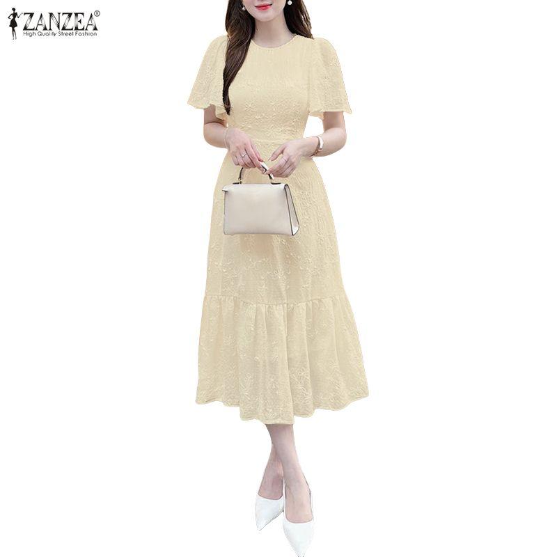 ZANZEA Women Casual Round Neck Short Sleeve Elegant Patchwork Lace Dress