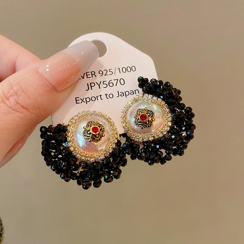 Silver Needle Pearl Crystal Flower Earrings French Stud Earrings Retro Temperament Earrings Premium Versatile Earrings Women