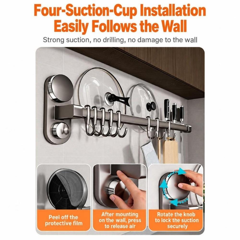 No Drill Kitchen Utensil Hanger Removable Wall-Mounted Hanging Rod Bedroom