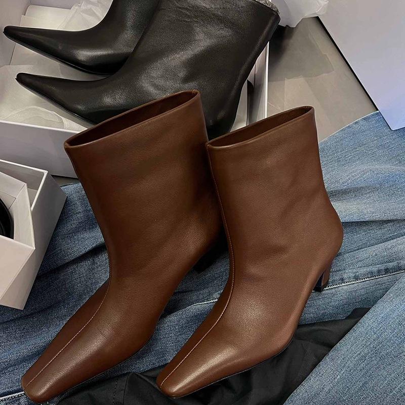 

Осень и зима кожа ниша тонкие ботильоны маленький квадратный носок тонкие каблуки маленькие голые ботильоны женские универсальные кошачьи и короткие ботильоны женские ботинки 42