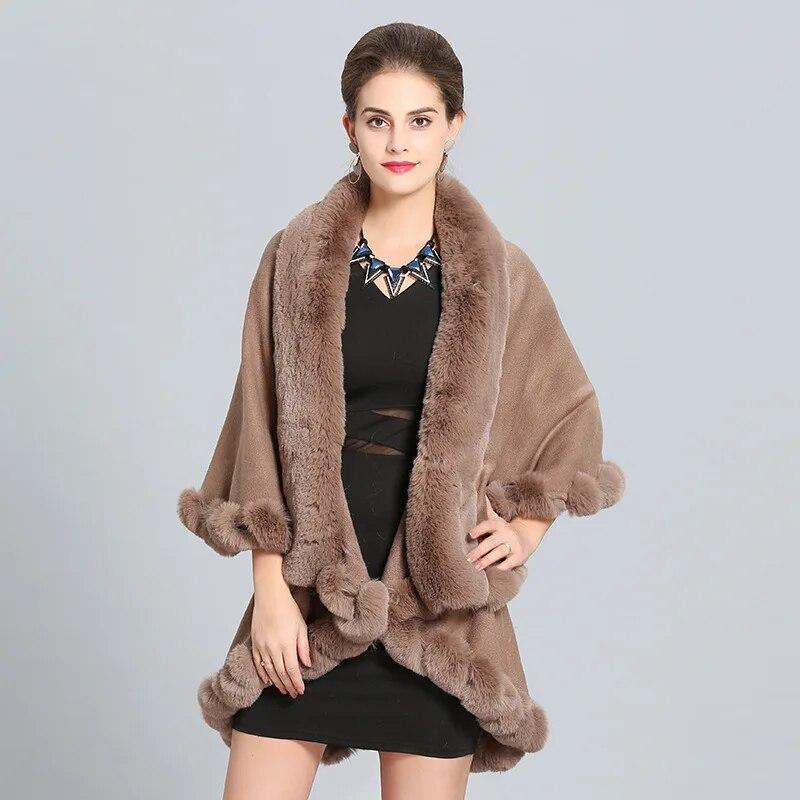 10 Colors Winter Warm String Faux Fox Fur Long Knitted 2 Layer Poncho Cape Cloak Oversize Women Cardigan Loose Shawl Street Coat
