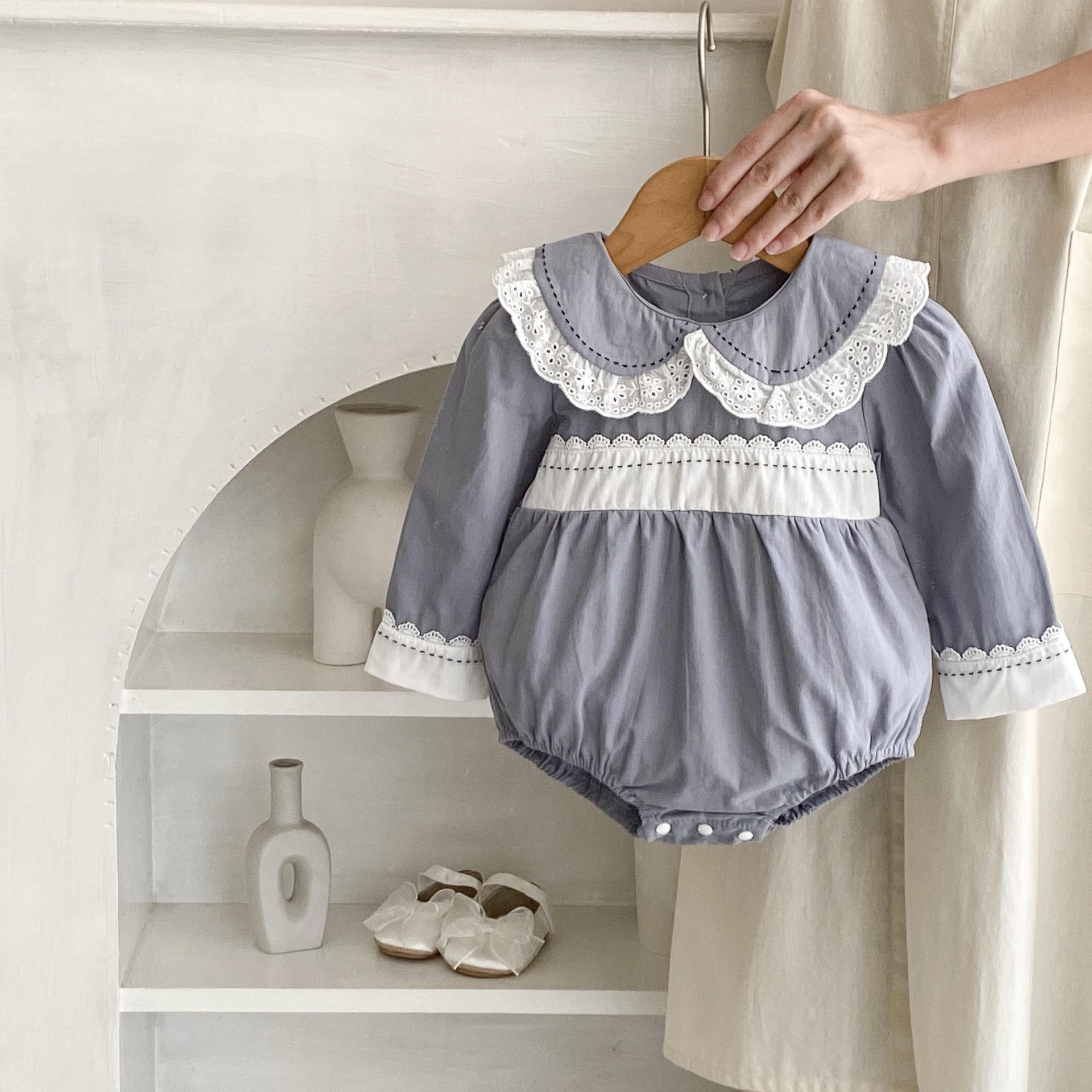 

Детский однотонный кружевной комбинезон с воротником Питер Пэн, милый хлопковый комбинезон для новорожденных девочек bafanou 62181 66cm(3-6M) синий