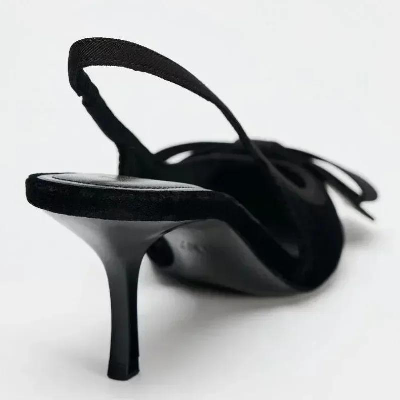 Fashion Black Velvet Butterfly-knot Designer Heeled Sandals Women Sexy Pointed Toe Slingbacks Women Pumps Elegant Party Dress High Heels