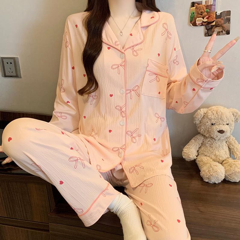 ins style girlish pajamas women's spring and autumn long-sleeved sweet bow full print casual loungewear set