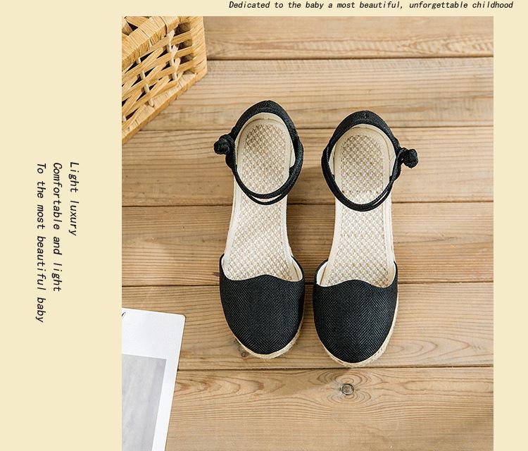 Women's Ethnic Style Breathable Linen Wedge Sandals with Buckle - Versatile High Heel for Summer Travel.