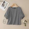 ZANZEA Women Casual Round Neck Plaid Print Loose Short Sleeve Blouse