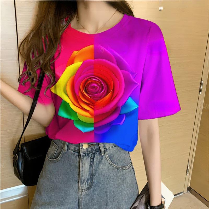 Summer Round Neck 3D Colorful Flowers Pattern Print Top Fashionable Casual Short Sleeved Women's T-shirts