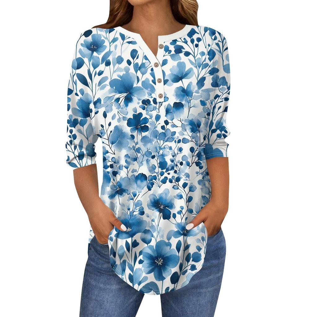 3/4 Sleeve Shirts For Women's Fashion Casual Round Neck Printed T-Shirt Top