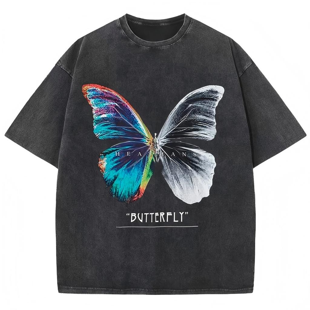 Cotton Washed T-Shirts All-Math Loose O-Neck Tees Butterfly Half Color Half Black and White Print Tops Summer Clothes